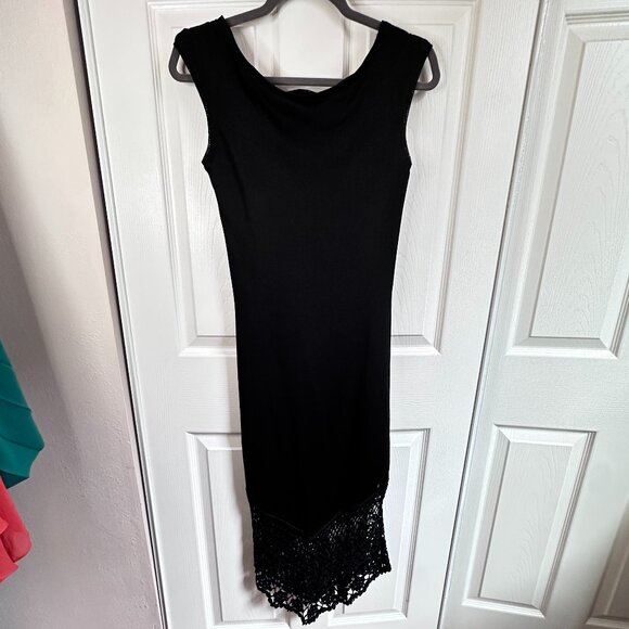 Vtg 90s Guess Collection Sz Large Black V-neck Long Dress w Crochet Pointed Hem - Picture 2 of 11